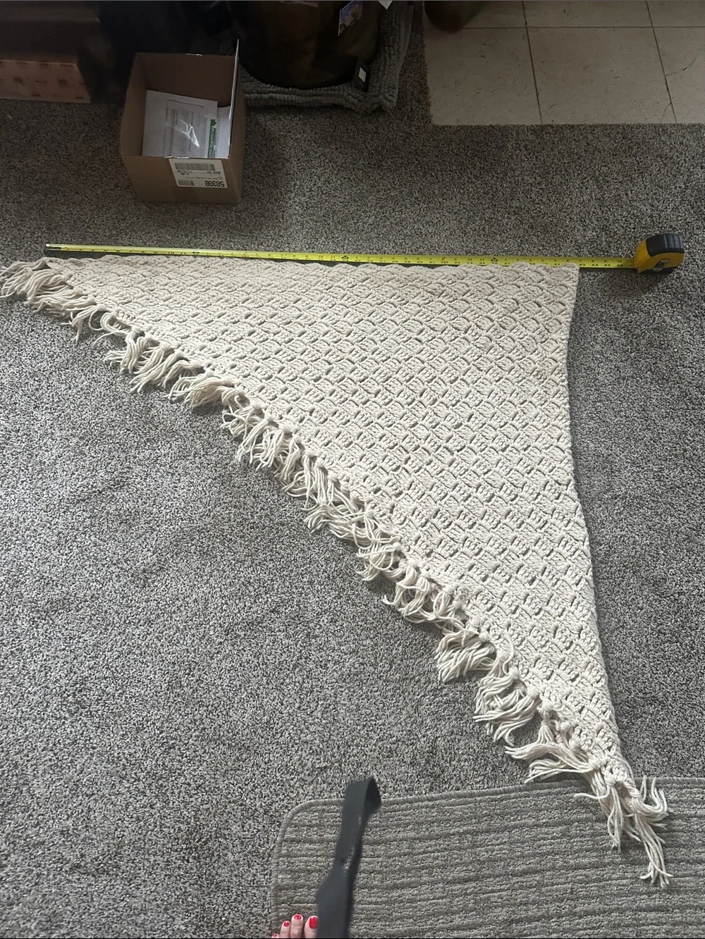 Vintage Handmade crochet Triangle Shawl - Cream  with Fringe